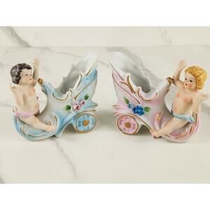 Putti Cherub Shoe Cart Porcelain Bisque 4" Figurine Blue Pink Home Decor x2